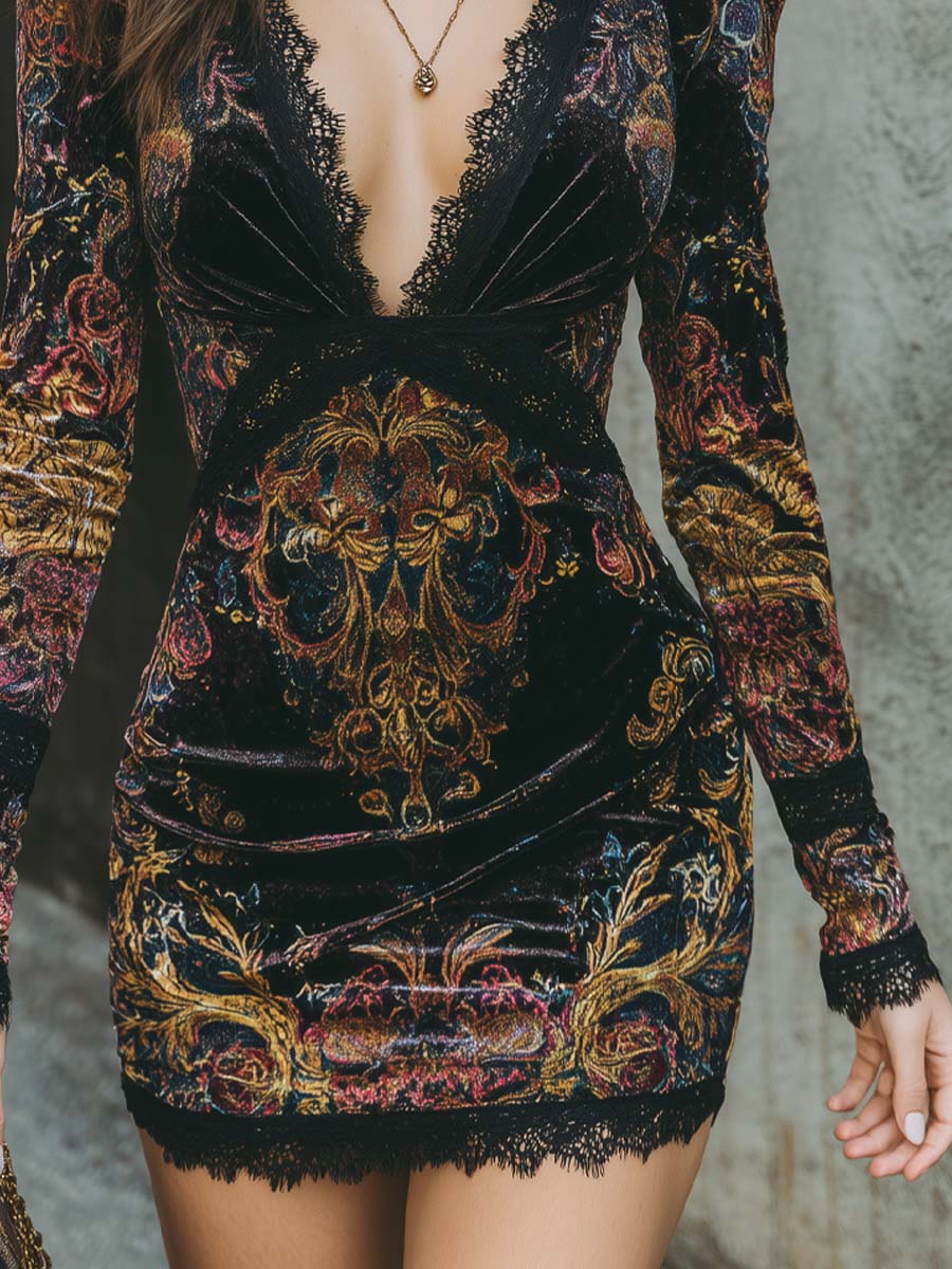 Retro V-neck Lace Trim Floral Print Polyester Velvet Mini Dress - Image 3