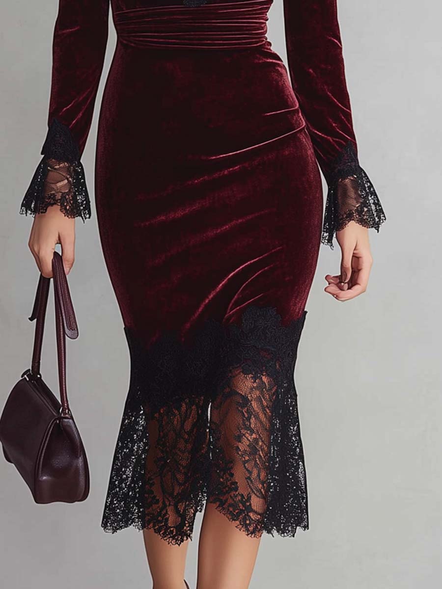 Retro V-neck Lace Trim Polyester Velvet Midi Dress - Image 3
