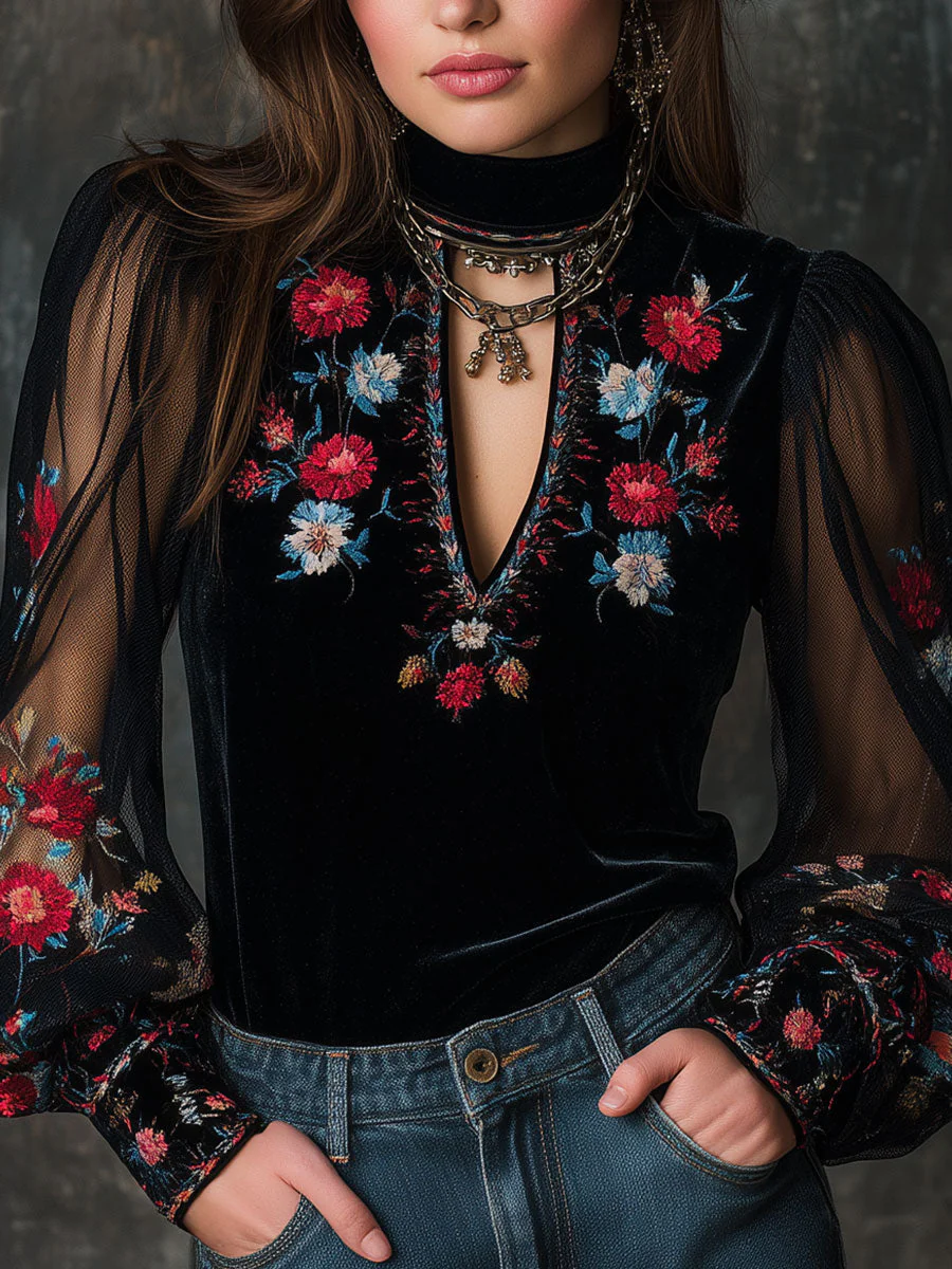 Retro Velvet Embroidered Mesh Stitching Blouse - Image 2