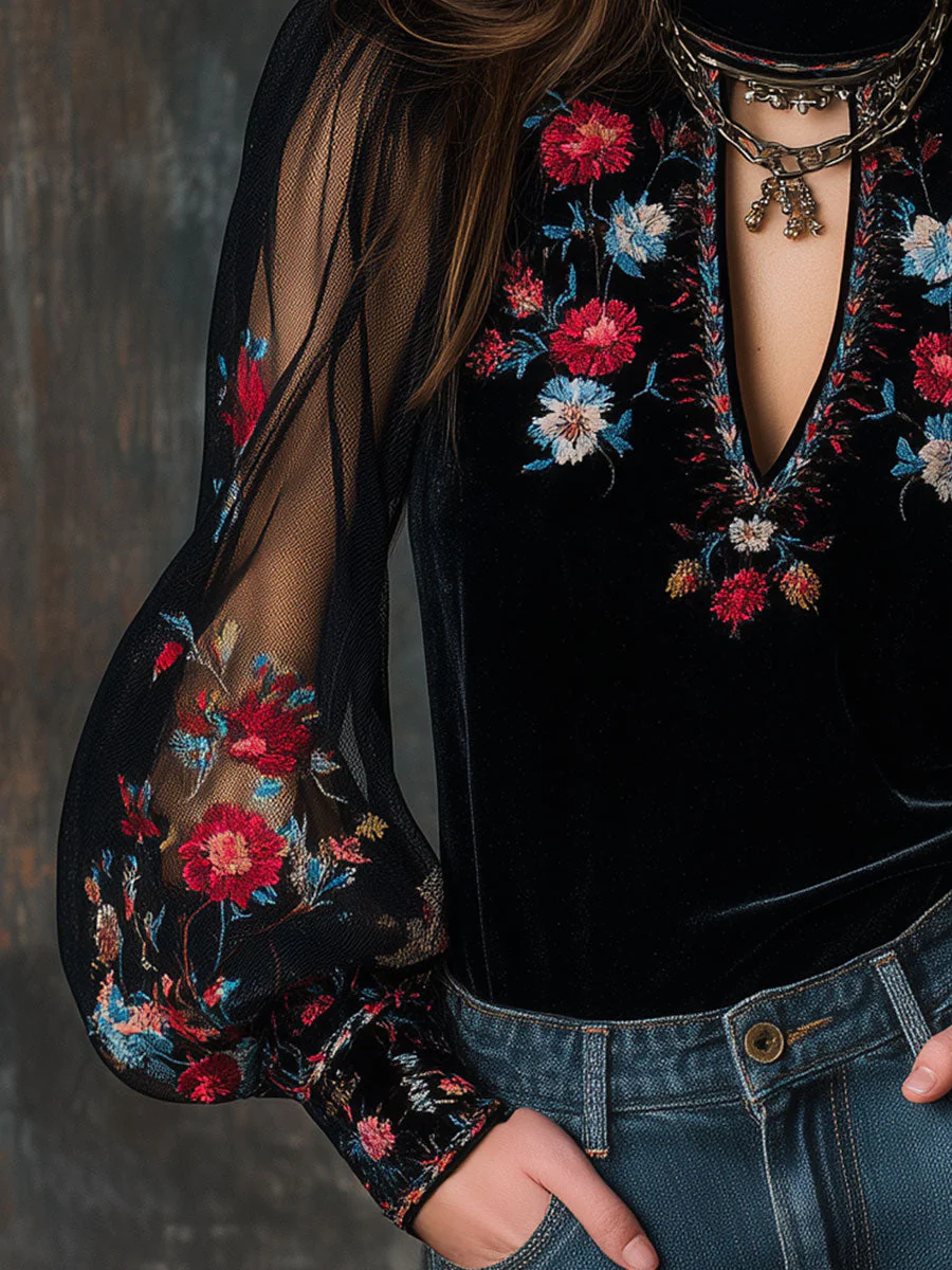 Retro Velvet Embroidered Mesh Stitching Blouse - Image 3