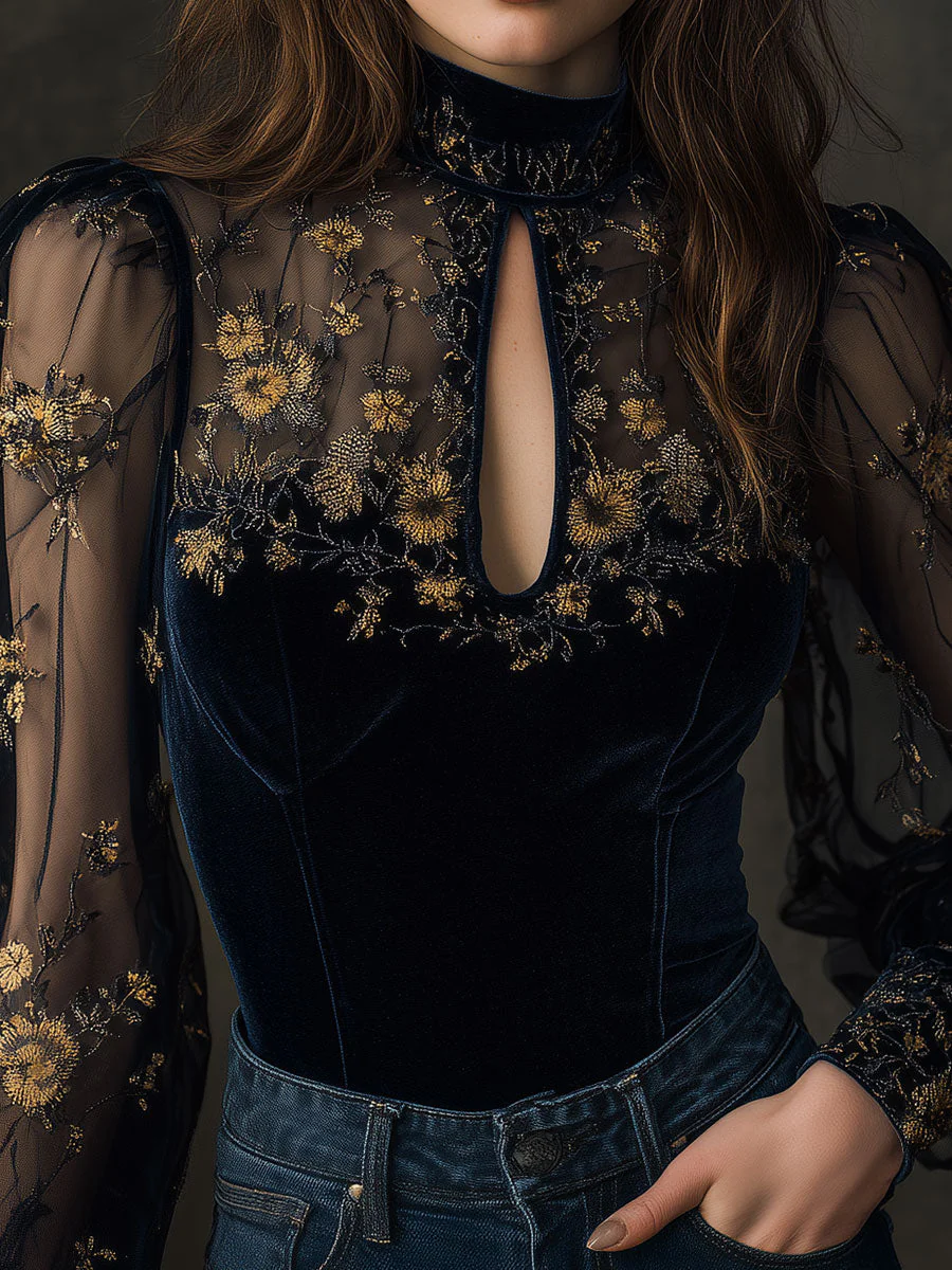 Retro Velvet Embroidered Mesh Stitching Blouse - Image 2