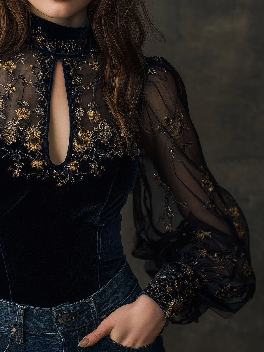 Retro Velvet Embroidered Mesh Stitching Blouse - Image 3