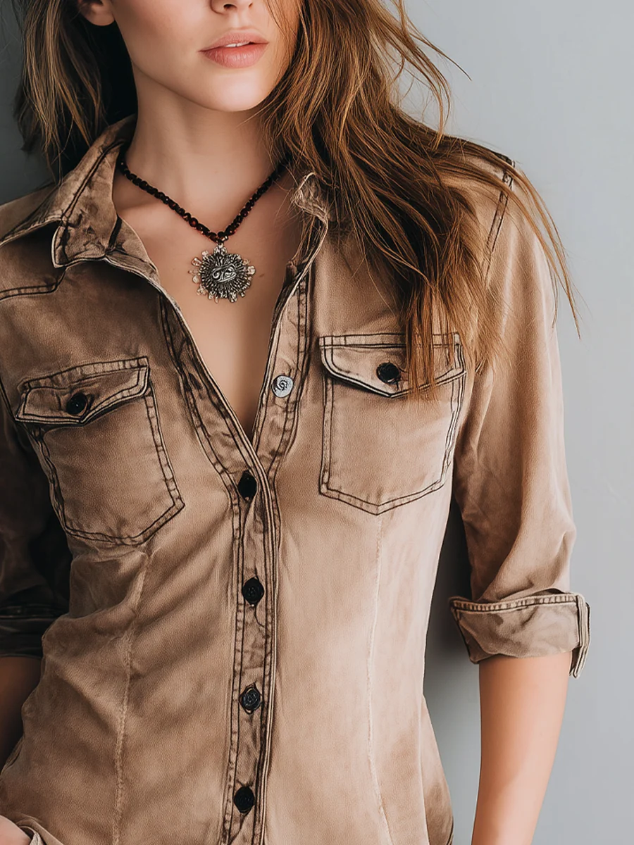 Retro Washed Contrast Stitching Blouse - Image 2