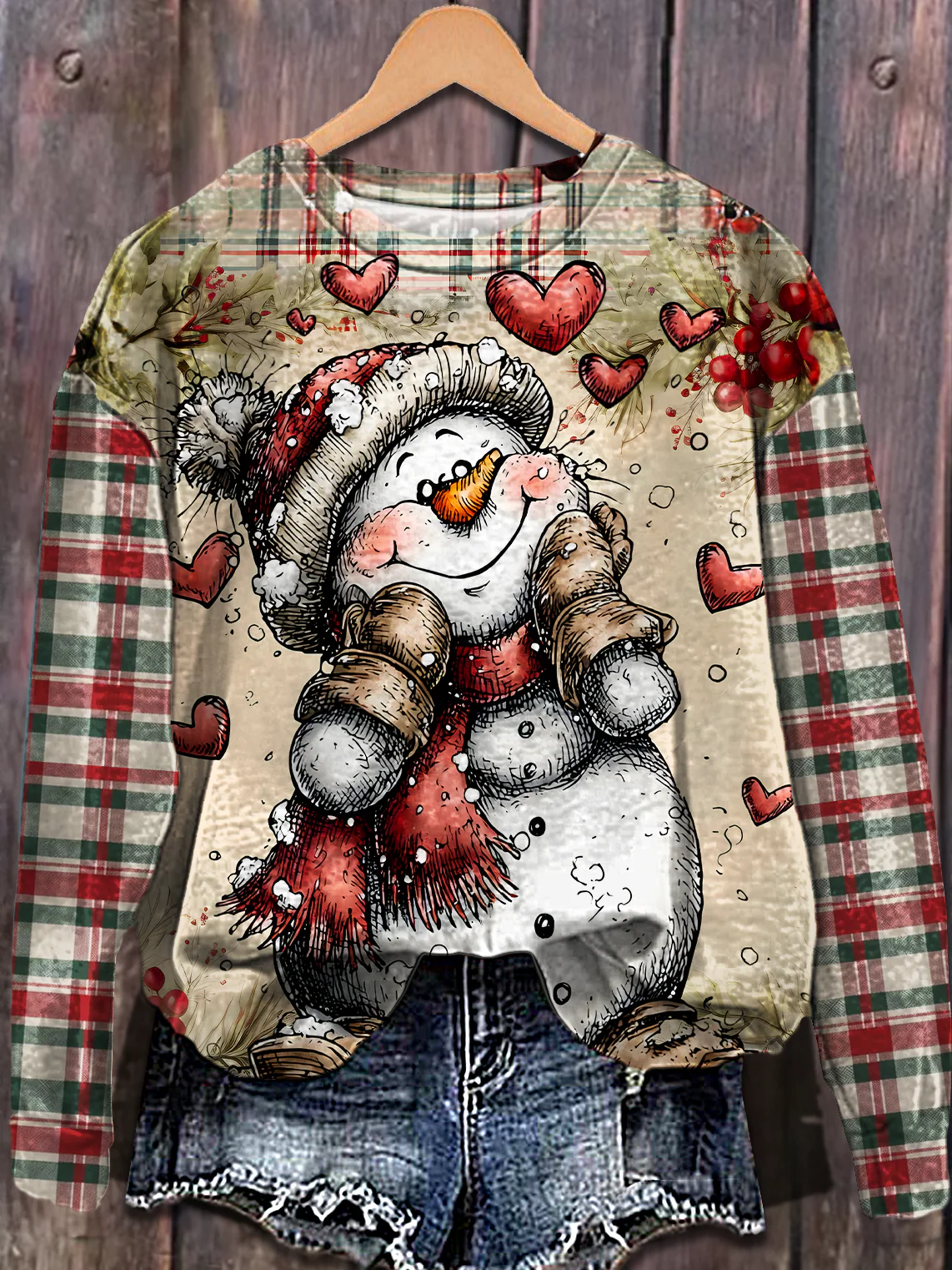 Retro Winter Heart-Shaped Snowman Printed Long Sleeve Casual Top