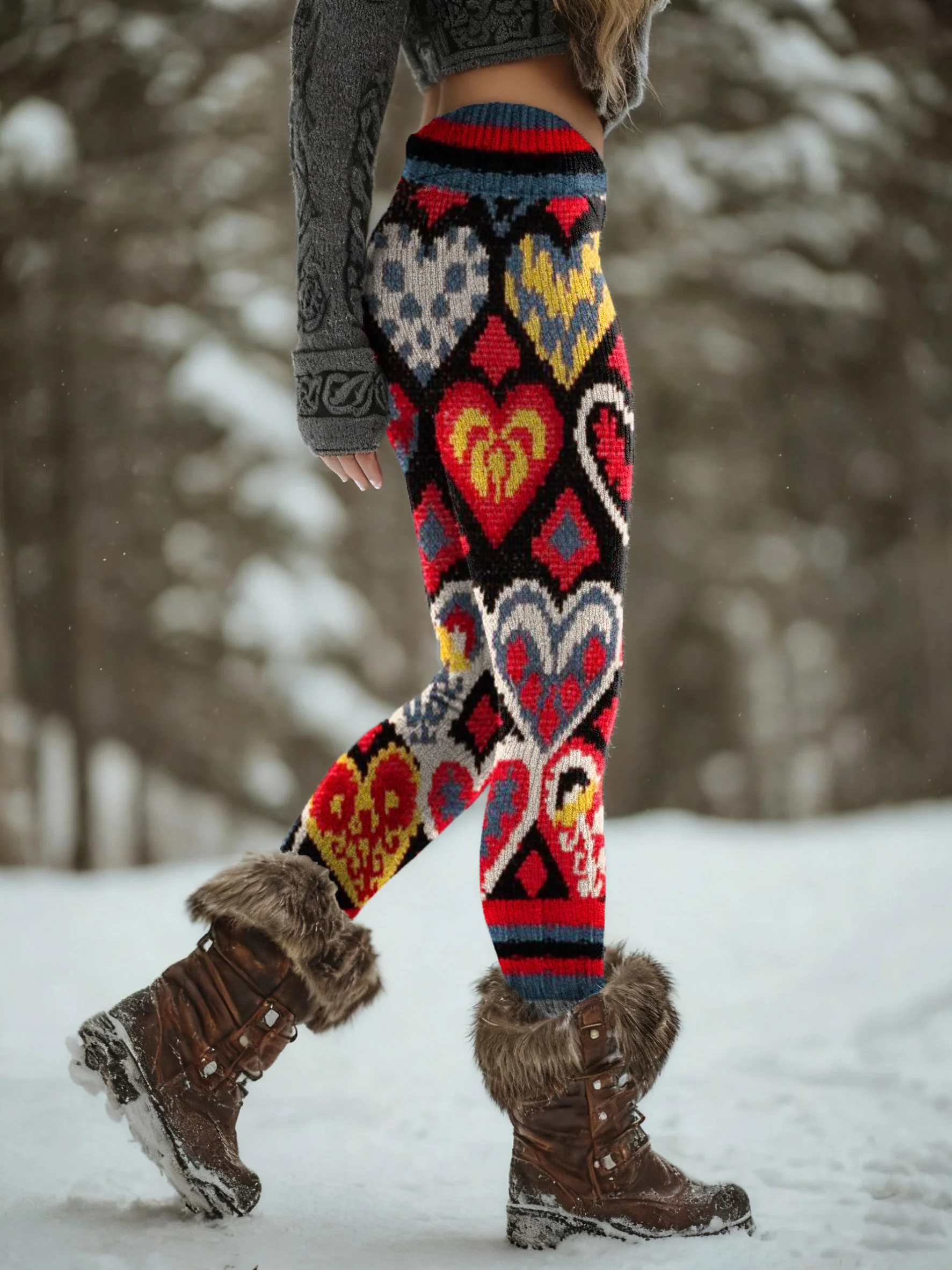 Retro Woven Heart-patterned Art Print Knit Leggings