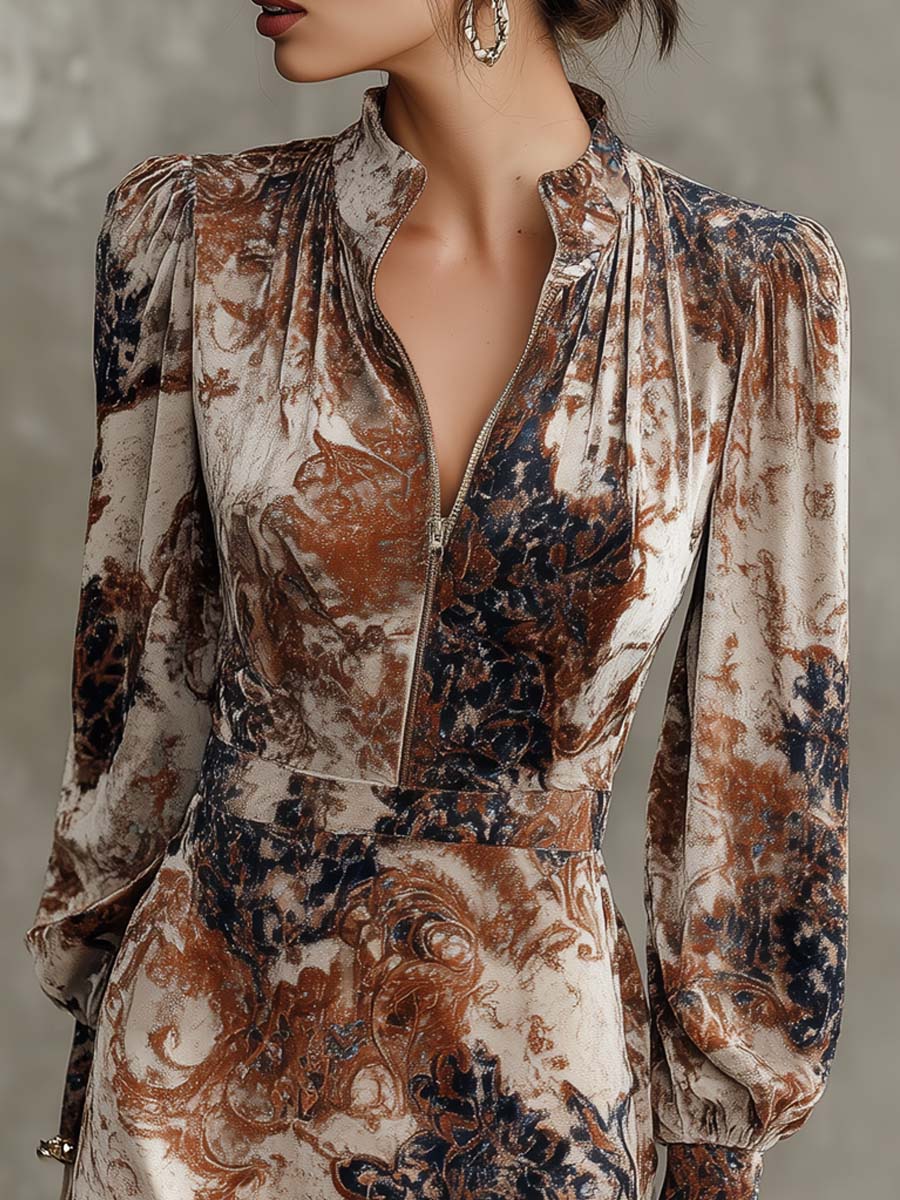 Retro Zip-up Collar Baroque Polyester Velvet Midi Dress - Image 2