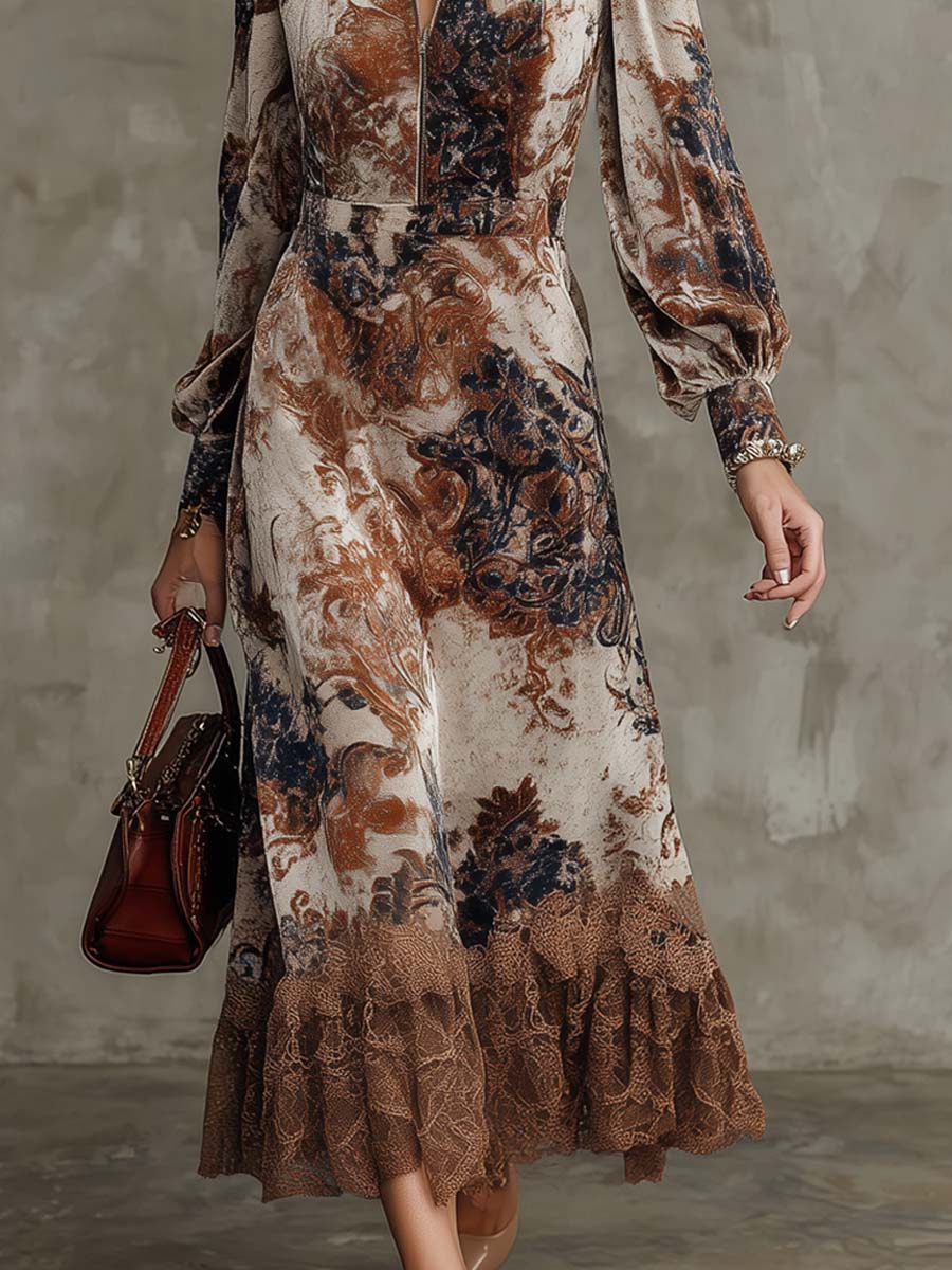 Retro Zip-up Collar Baroque Polyester Velvet Midi Dress - Image 3
