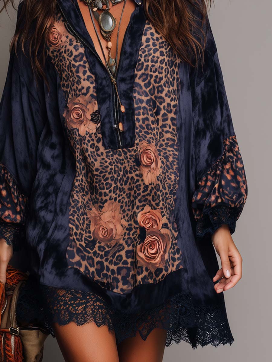 Retro Zip-up Collar Leopard Print Floral Polyester Satin Mini Dress - Image 2