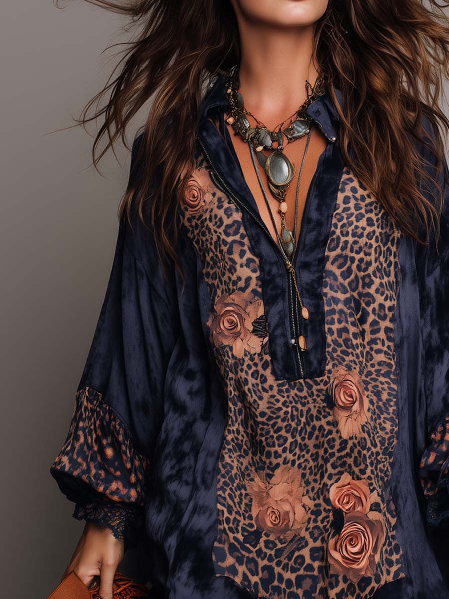 Retro Zip-up Collar Leopard Print Floral Polyester Satin Mini Dress - Image 3