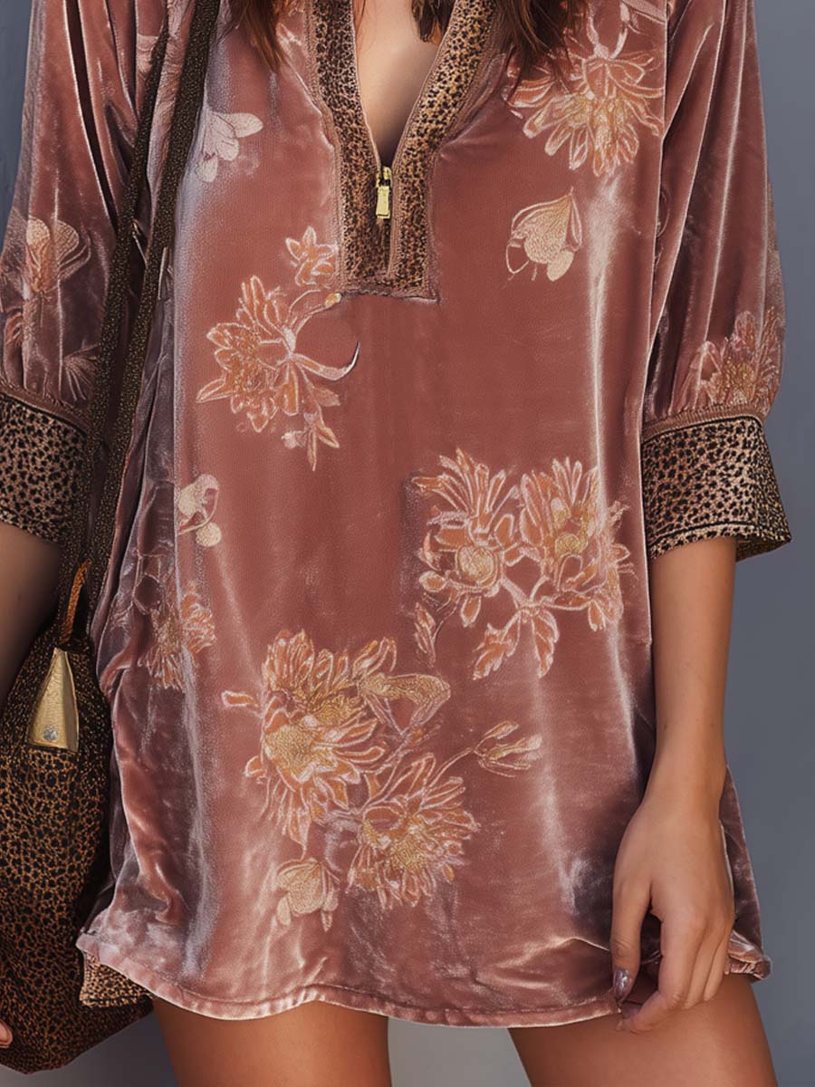 Retro Zip-up Collar Leopard Print Floral Polyester Velvet Mini Dress - Image 3
