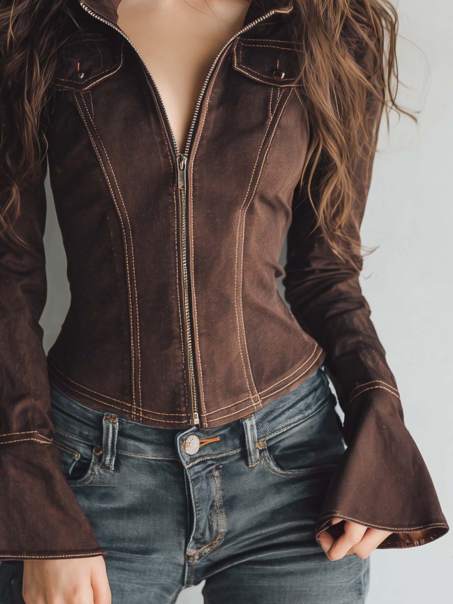 Retro Zippered Ruffled Cuff Denim Blouse - Image 3