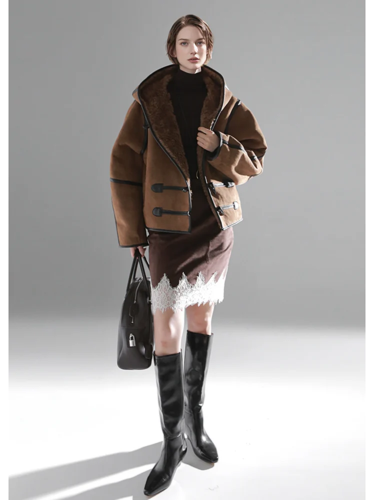 Reversible Women’s Suede & Shearling Coat – Luxury Hooded Duffle Toggle Jacket for Autumn/Winter - Image 4