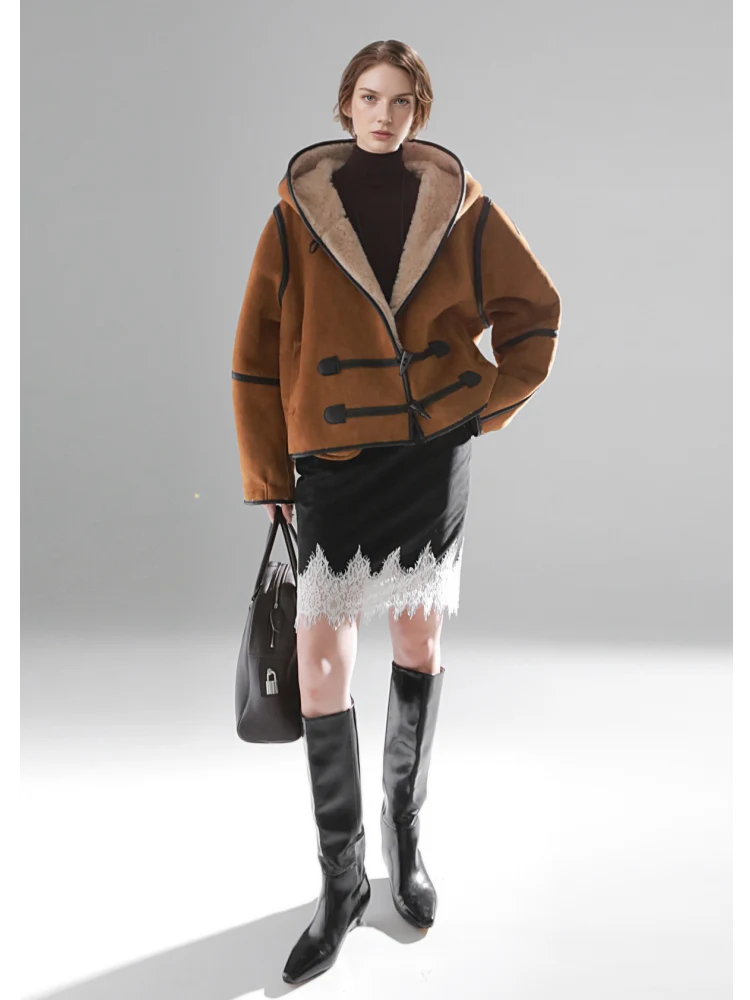 Reversible Women’s Suede & Shearling Coat – Luxury Hooded Duffle Toggle Jacket for Autumn/Winter - Image 5