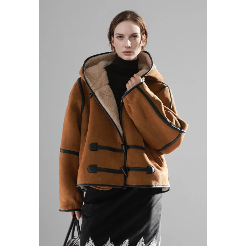 Reversible Women’s Suede & Shearling Coat – Luxury Hooded Duffle Toggle Jacket for Autumn/Winter - Image 7