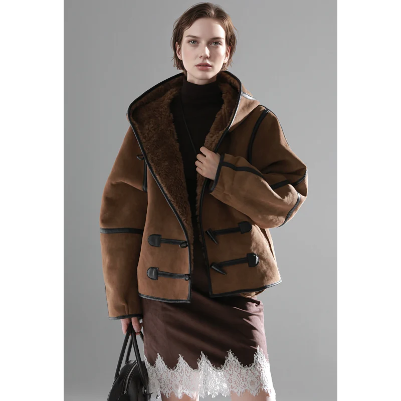 Reversible Women’s Suede & Shearling Coat – Luxury Hooded Duffle Toggle Jacket for Autumn/Winter - Image 8