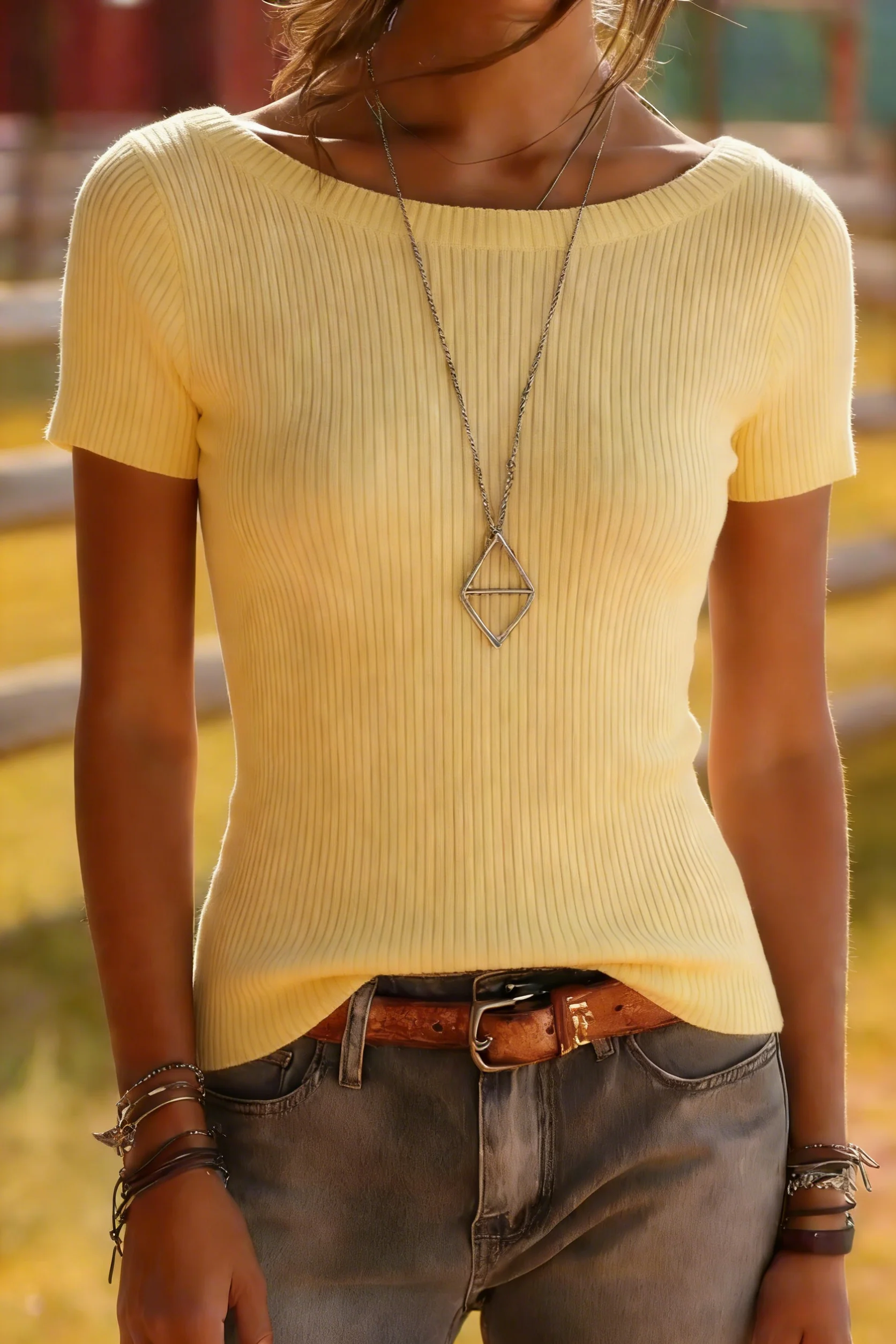 Ribbed Knit Short Sleeve Top - Classic Fitted Tee - Image 3