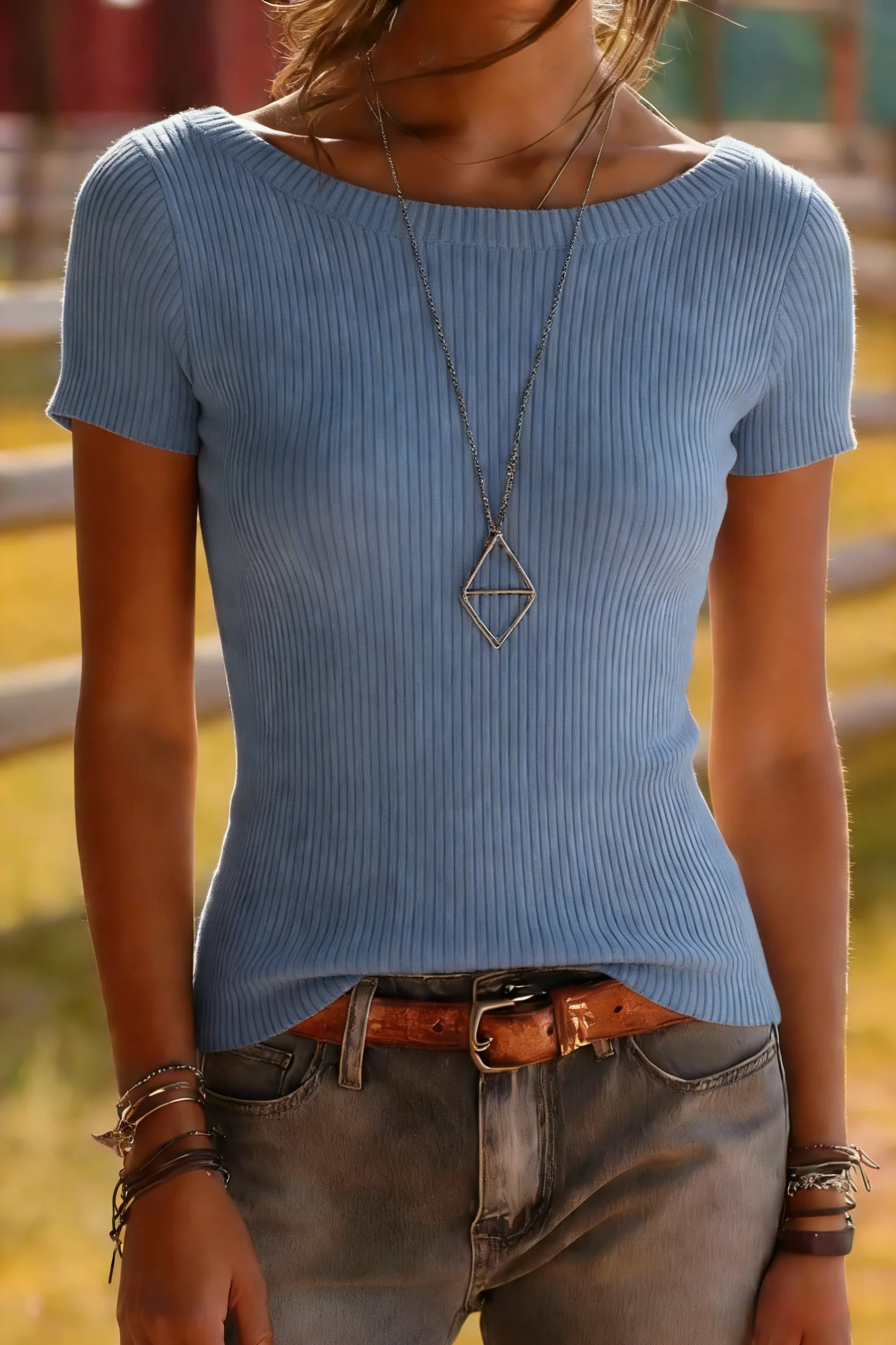 Ribbed Knit Short Sleeve Top - Classic Fitted Tee - Image 4