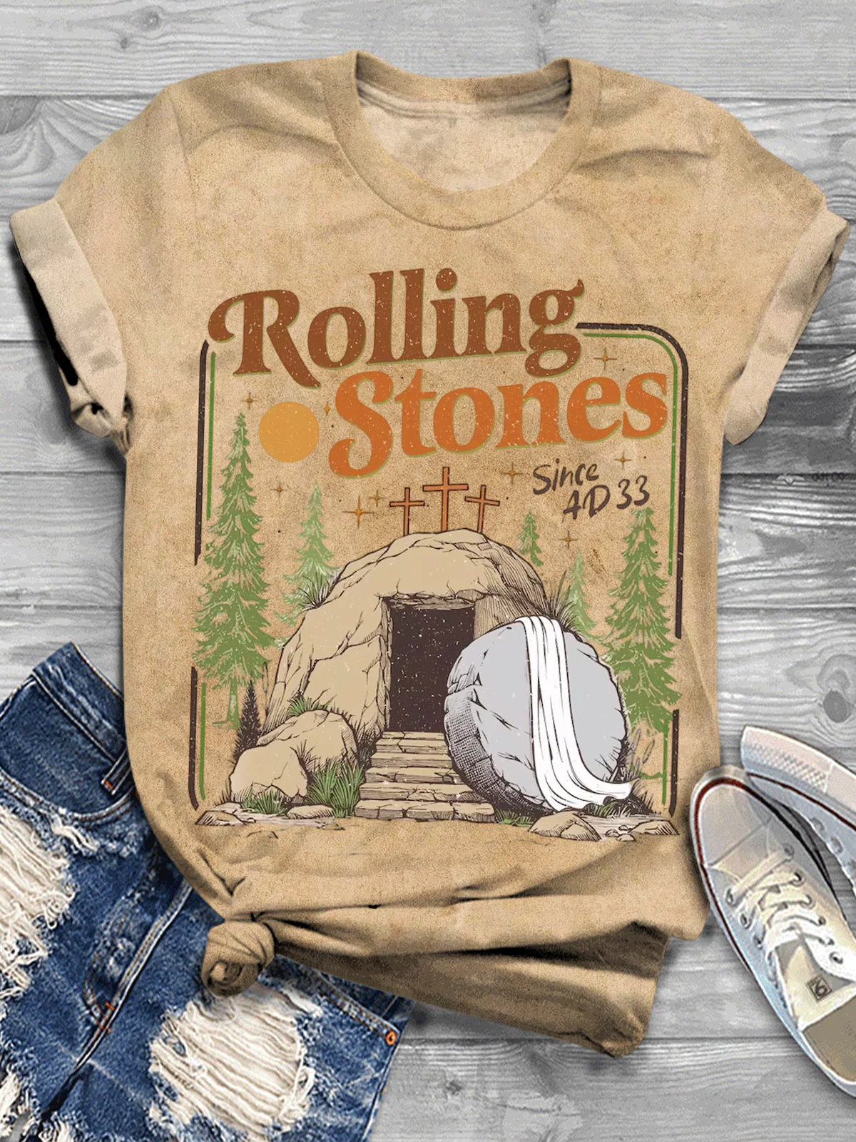 Rolling Stones He Is Risen Easter Christian Crew Neck T-shirt