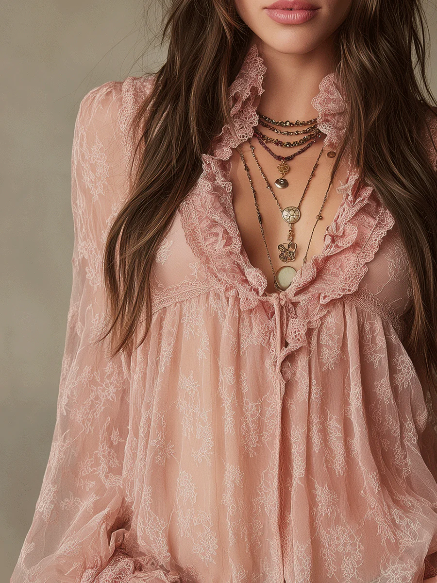 Romantic Blush Boho Sheer Ruffle Blouse - Image 2