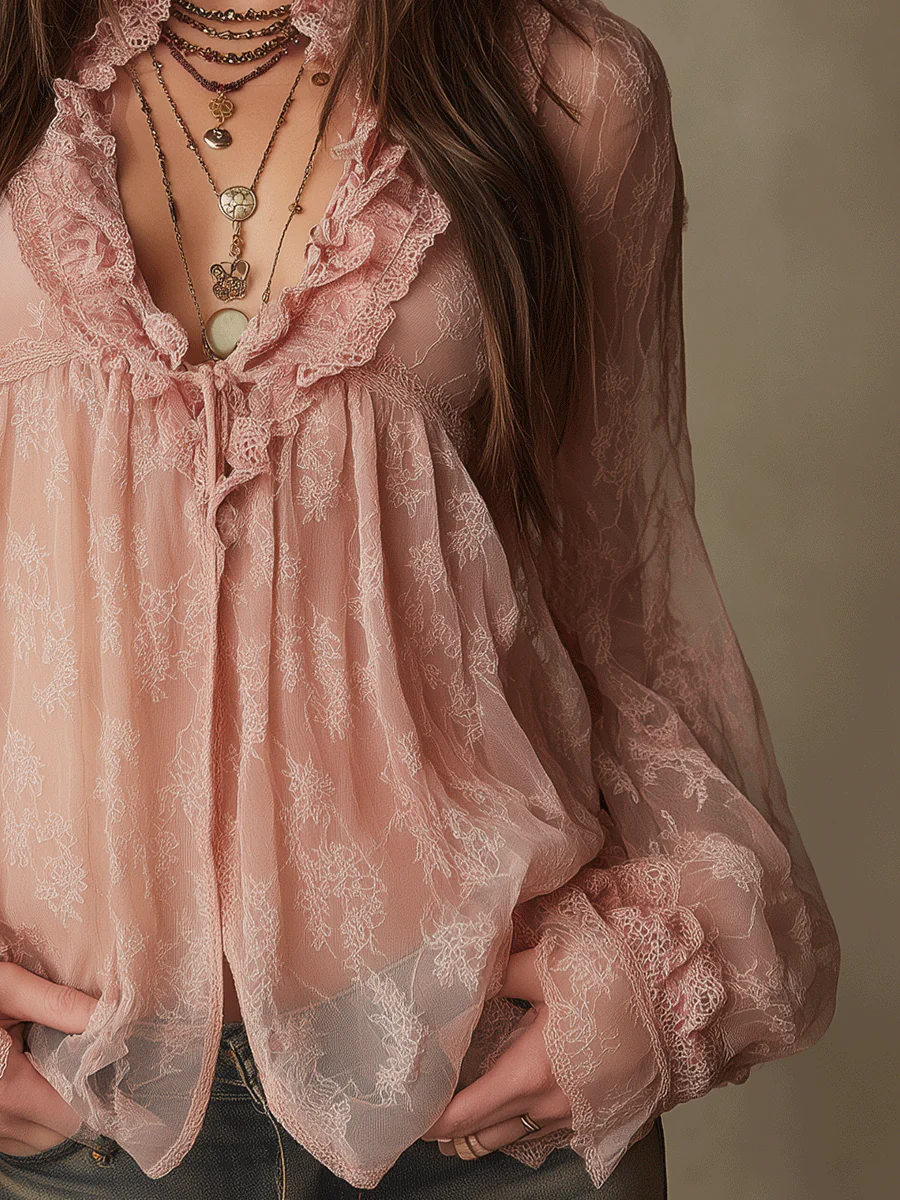 Romantic Blush Boho Sheer Ruffle Blouse - Image 3