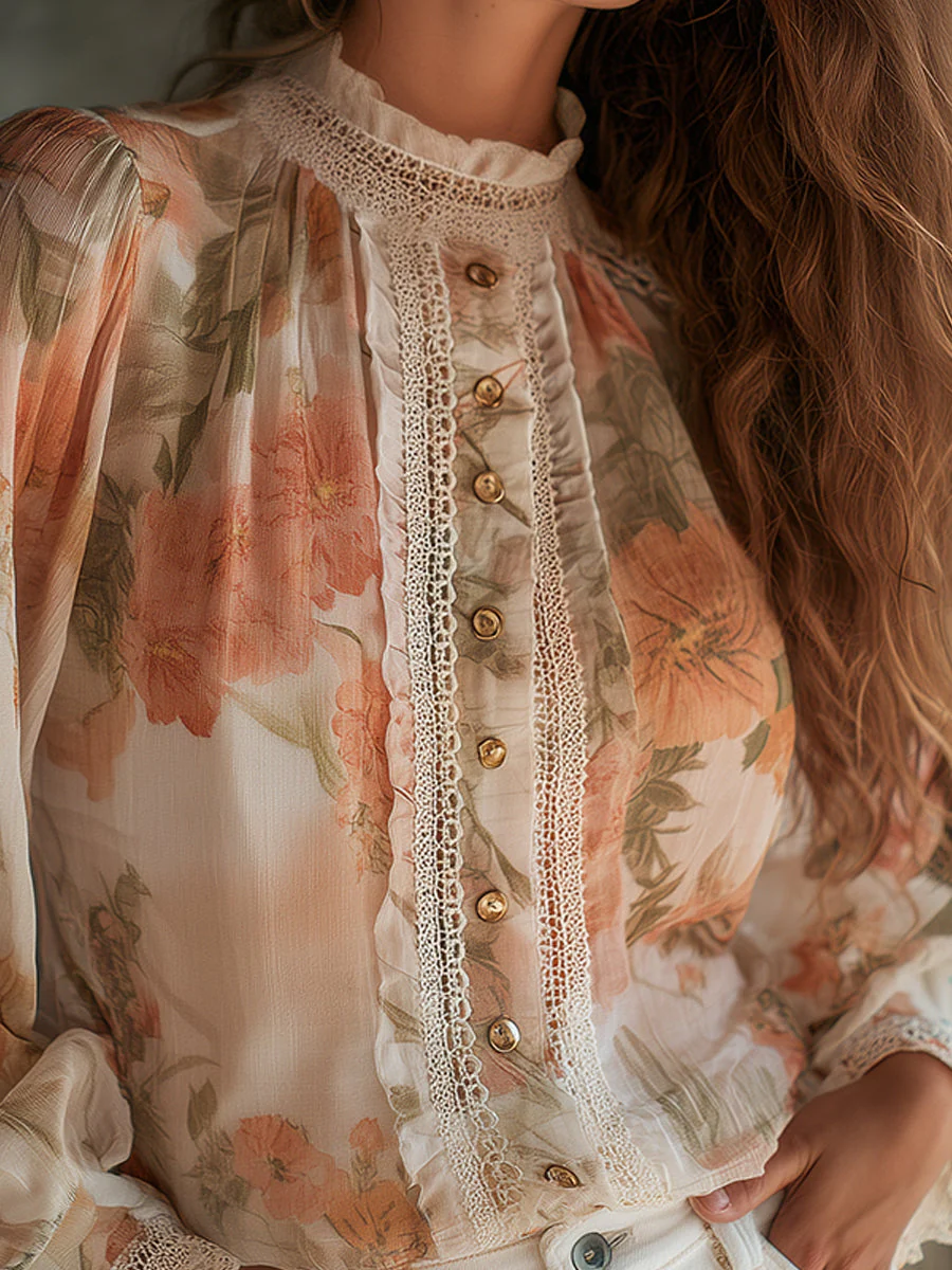 Romantic Bohemian Chiffon Printed Lace Blouse - Image 2