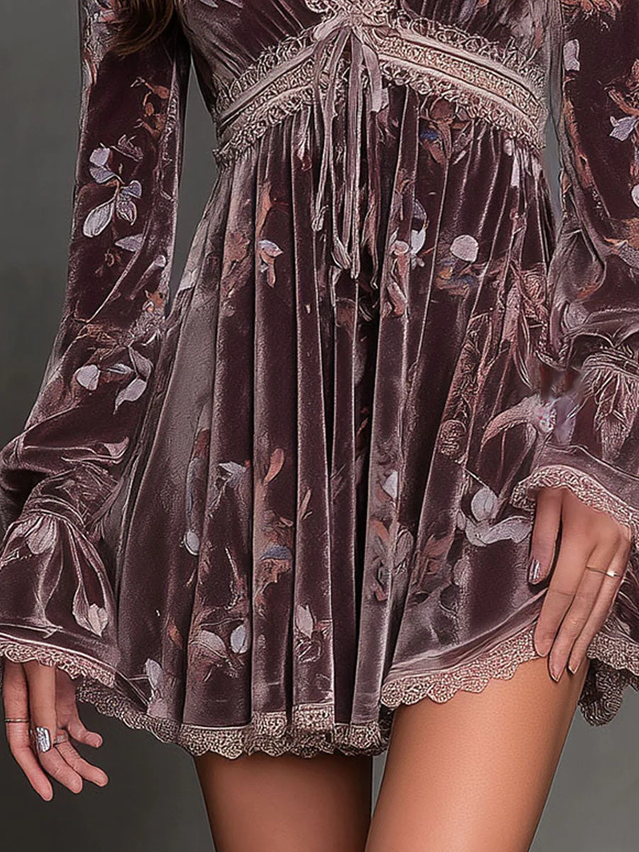 Boho Dusty Mauve Velvet Floral Mini Dress With Lace Trim - Image 3