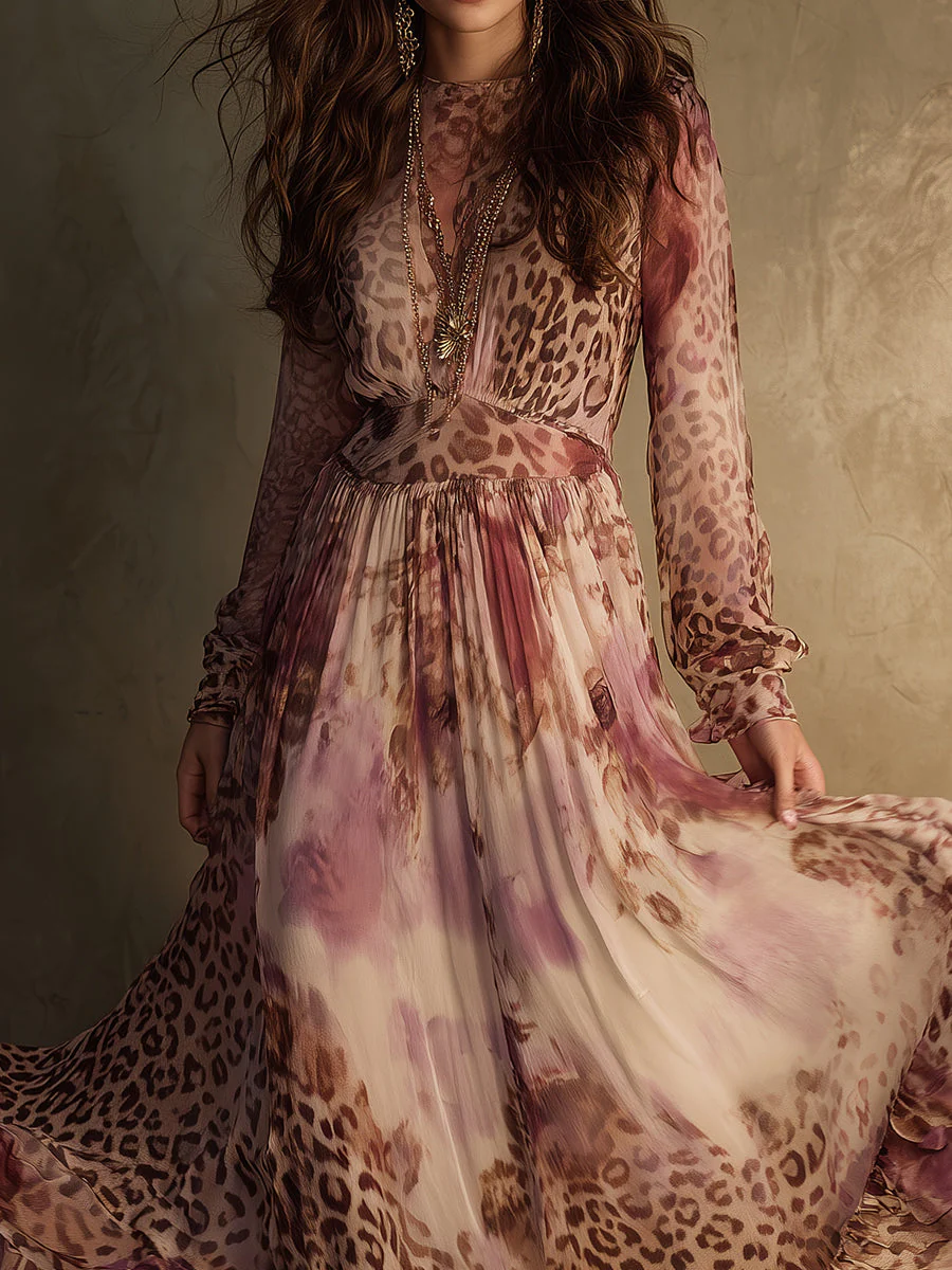 Romantic Boho Holiday Leopard Print Ruffle Hem Chiffon Maxi Dress - Image 2