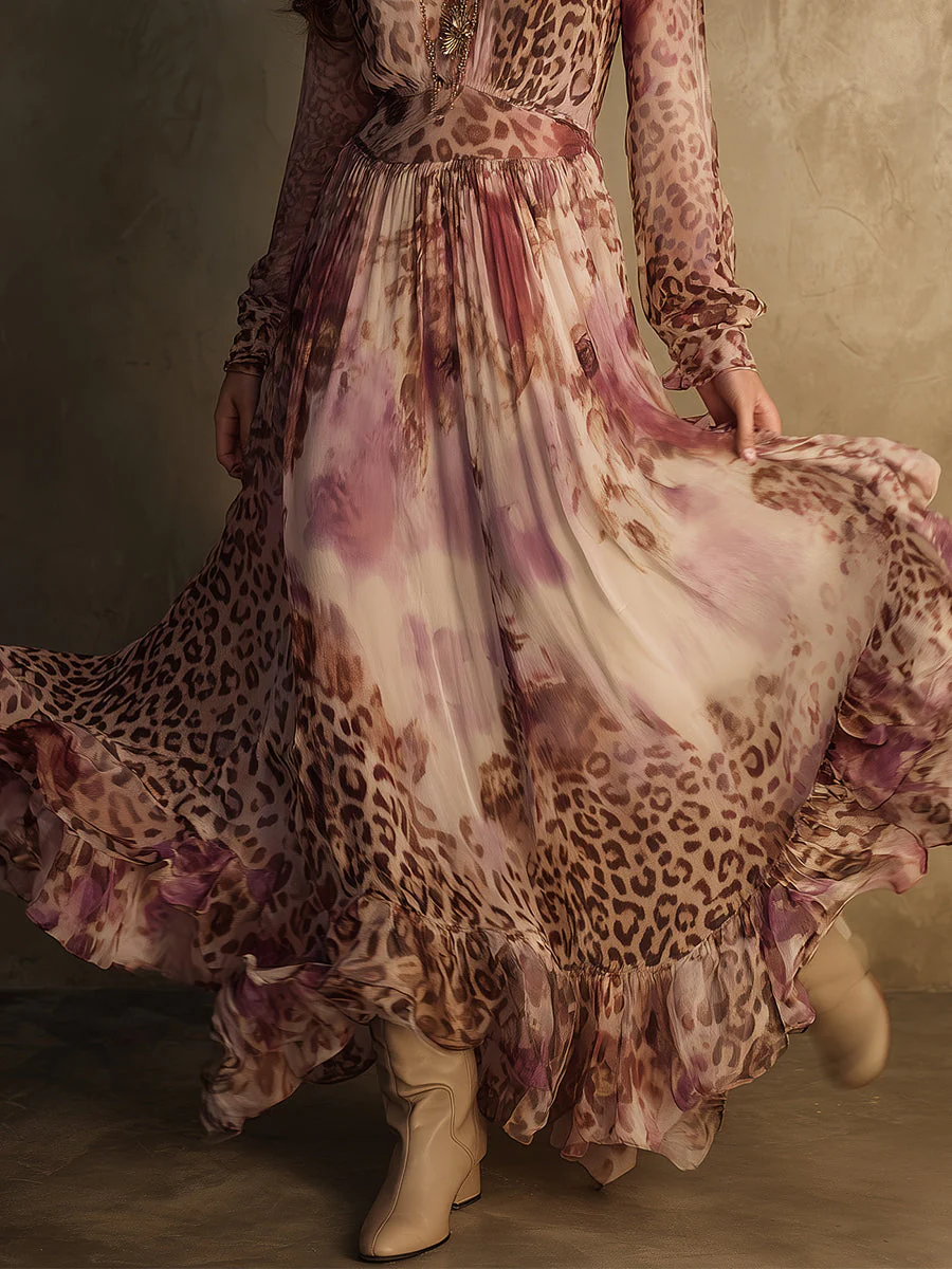 Romantic Boho Holiday Leopard Print Ruffle Hem Chiffon Maxi Dress - Image 3