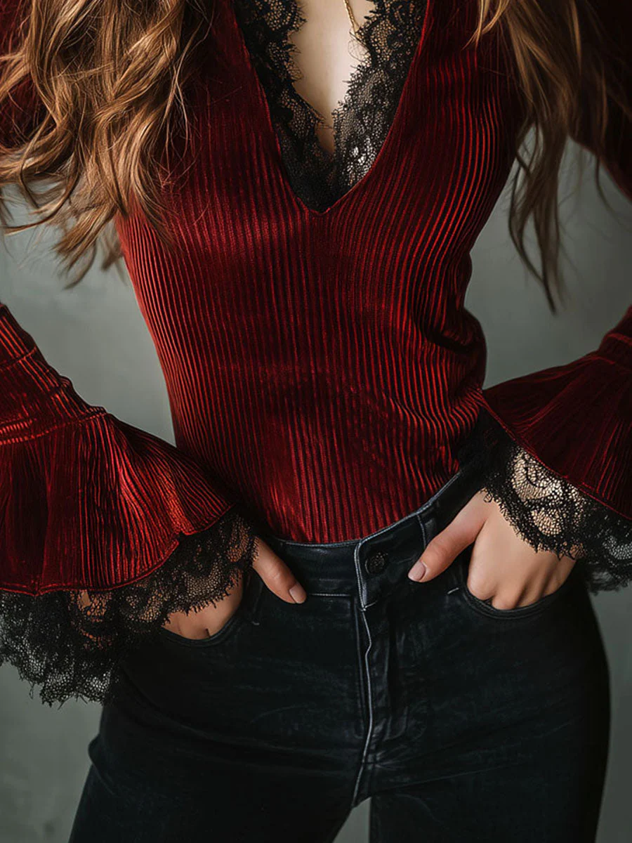 Romantic Burgundy Pleated Velvet Blouse With Black Lace Trim - Image 3