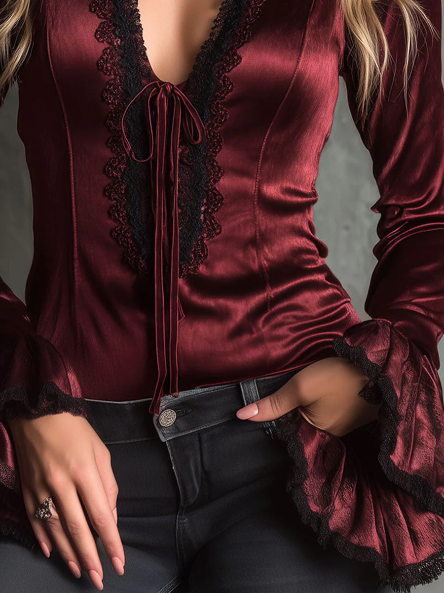 Romantic Burgundy Velvet Lace-Trim Blouse With Flared Sleeves - Image 2