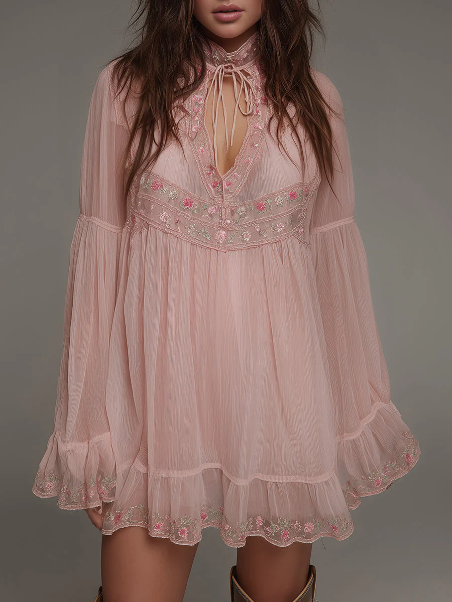 Romantic Chiffon Crinkle Embroidered Keyhole Neckline Mini Dress