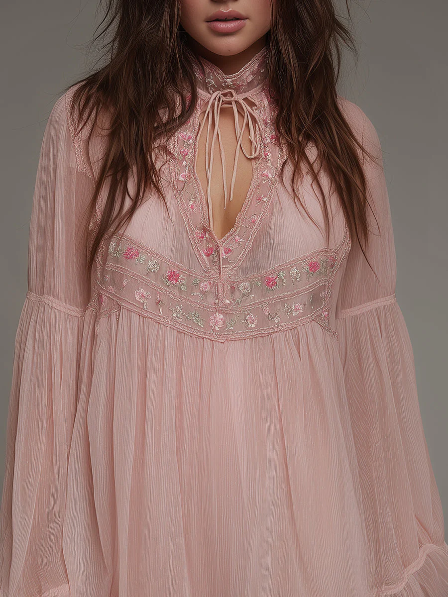 Romantic Chiffon Crinkle Embroidered Keyhole Neckline Mini Dress - Image 2