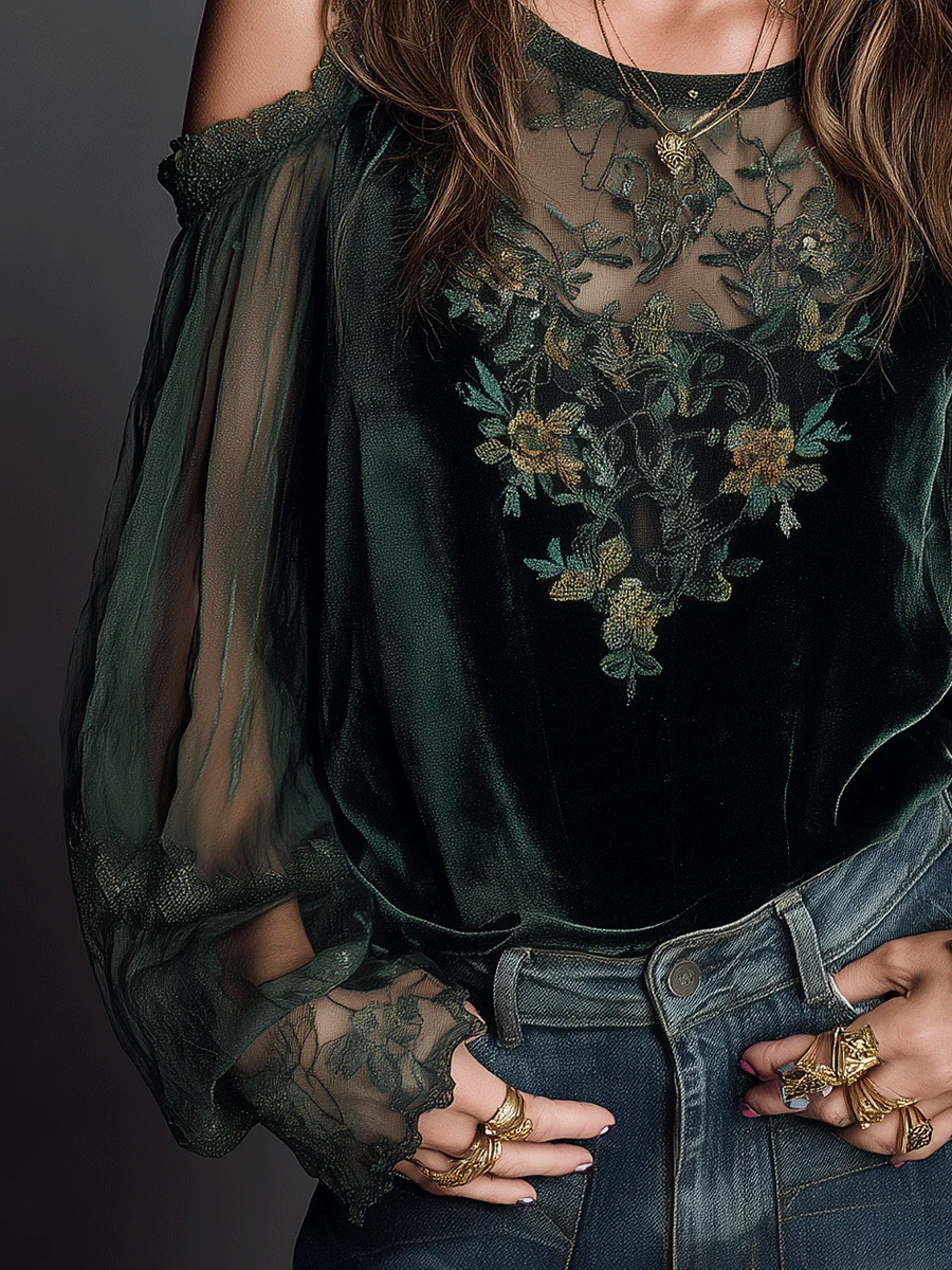 Romantic Embroidered Emerald Green Velvet Blouse - Image 3