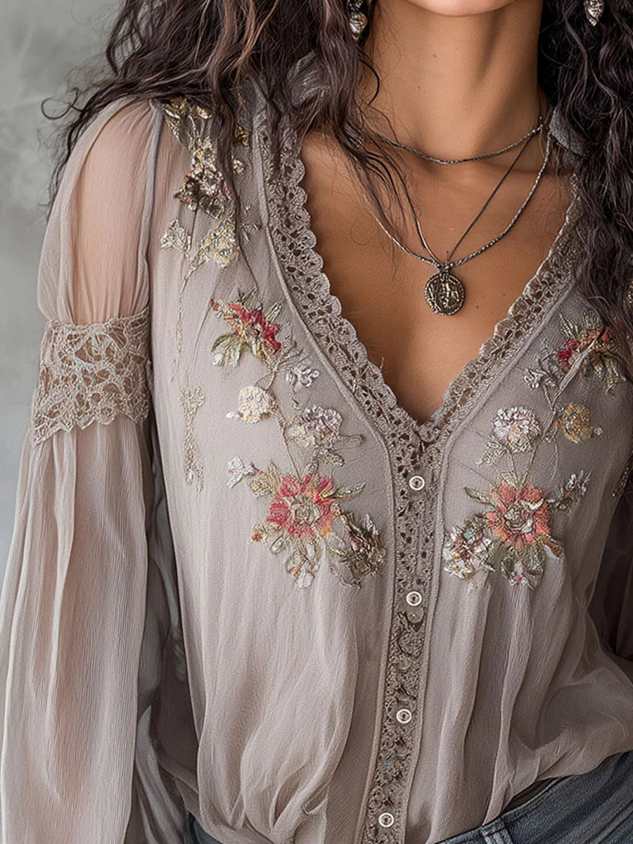 Romantic Floral Embroidered Sheer Blouse With Lace Trim - Image 2