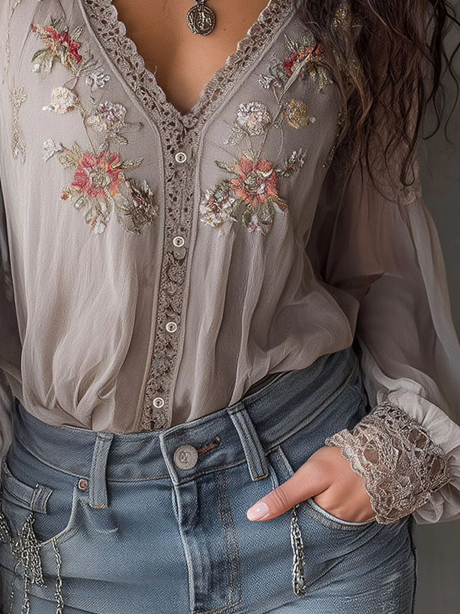 Romantic Floral Embroidered Sheer Blouse With Lace Trim - Image 3