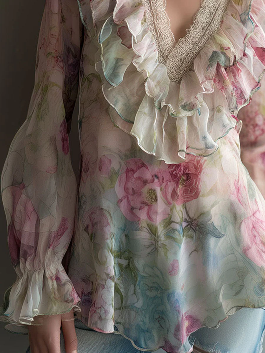 Romantic Floral Sheer Chiffon Ruffle Blouse With Lace Neckline - Image 2