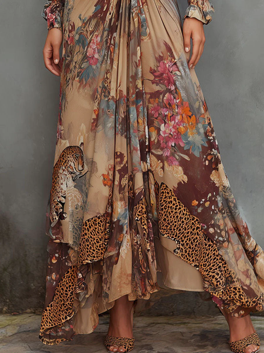 Romantic Flow Bohemian Leopard & Floral Chiffon Maxi Dress - Image 3