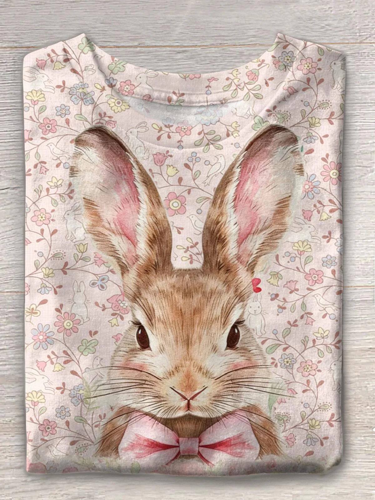 Romantic Flower Rabbit Crew Neck T-shirt