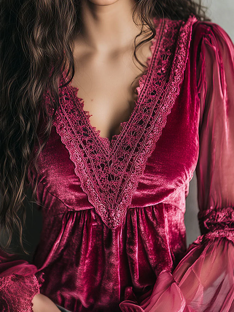 Romantic Hot Pink Velvet & Lace Sheer Puff Sleeve Blouse - Image 2