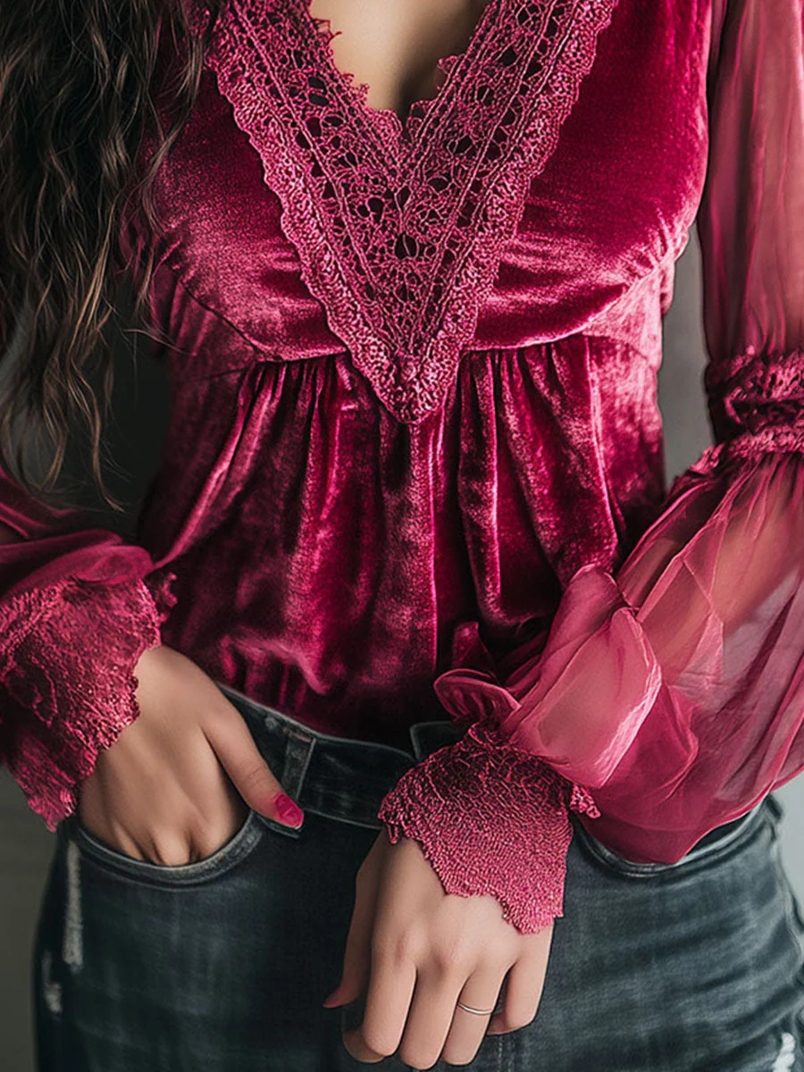 Romantic Hot Pink Velvet & Lace Sheer Puff Sleeve Blouse - Image 3