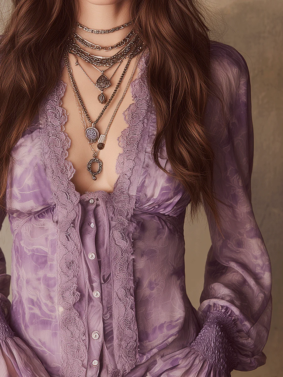 Romantic Lavender Boho Ruffle Chiffon Blouse - Image 2