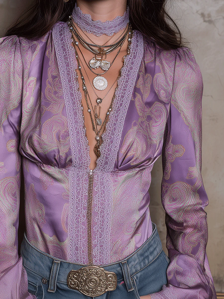 Romantic Lavender Satin Deep-V Boho Blouse - Image 2