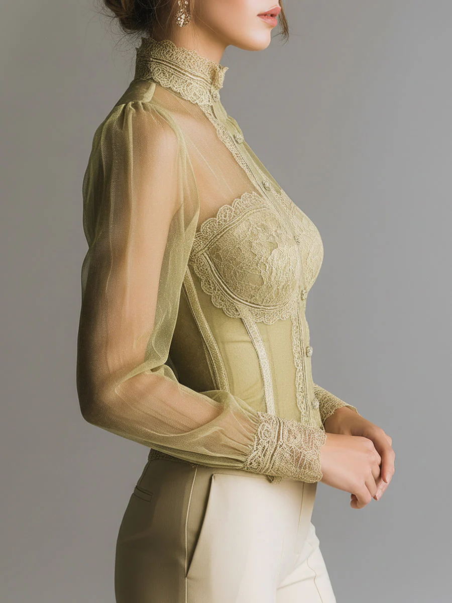 Romantic Mesh And Lace-trimmed Bustier-style Blouse - Image 2