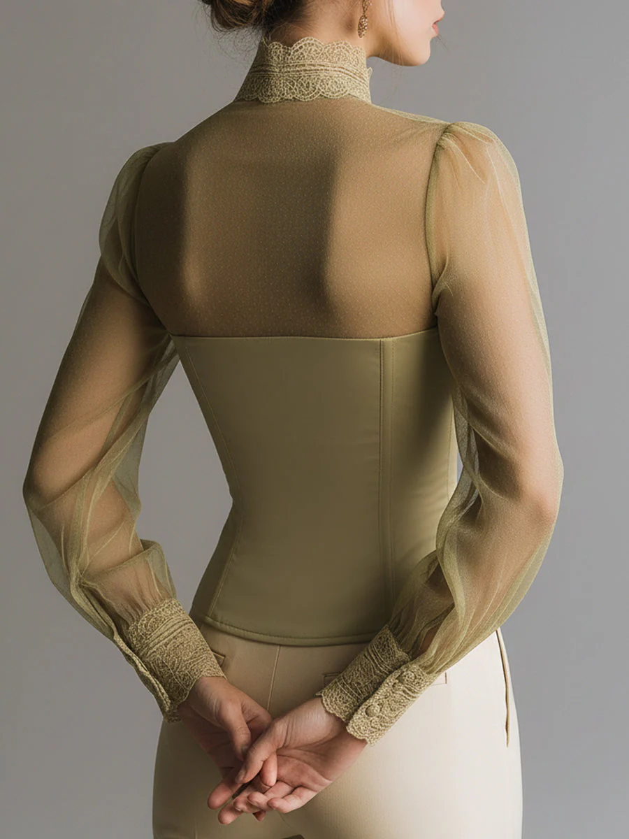 Romantic Mesh And Lace-trimmed Bustier-style Blouse - Image 3