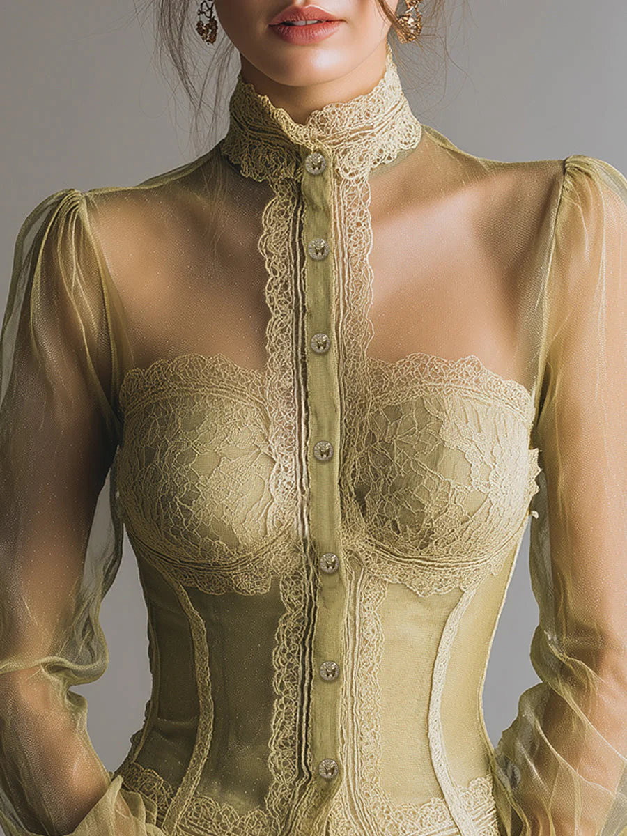 Romantic Mesh And Lace-trimmed Bustier-style Blouse - Image 4