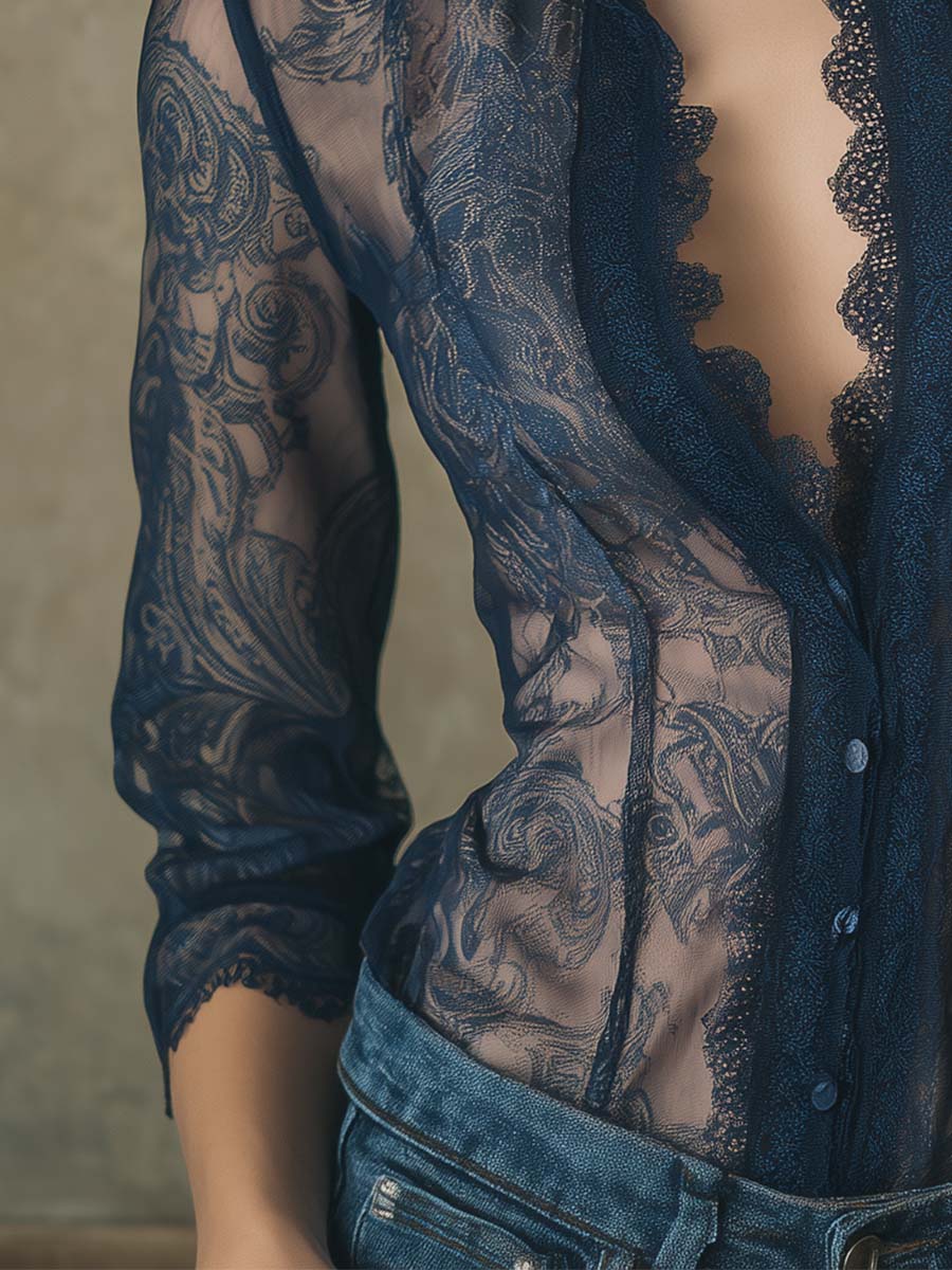 Romantic Paisley Print Lace Trim Sheer Shirt - Image 3