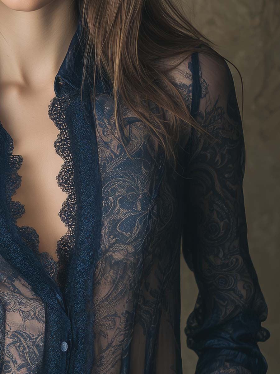 Romantic Paisley Print Lace Trim Sheer Shirt - Image 4