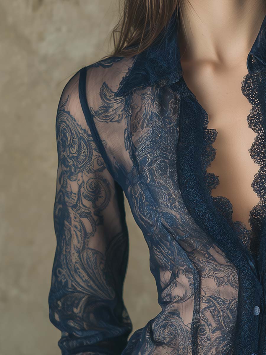 Romantic Paisley Print Lace Trim Sheer Shirt - Image 5