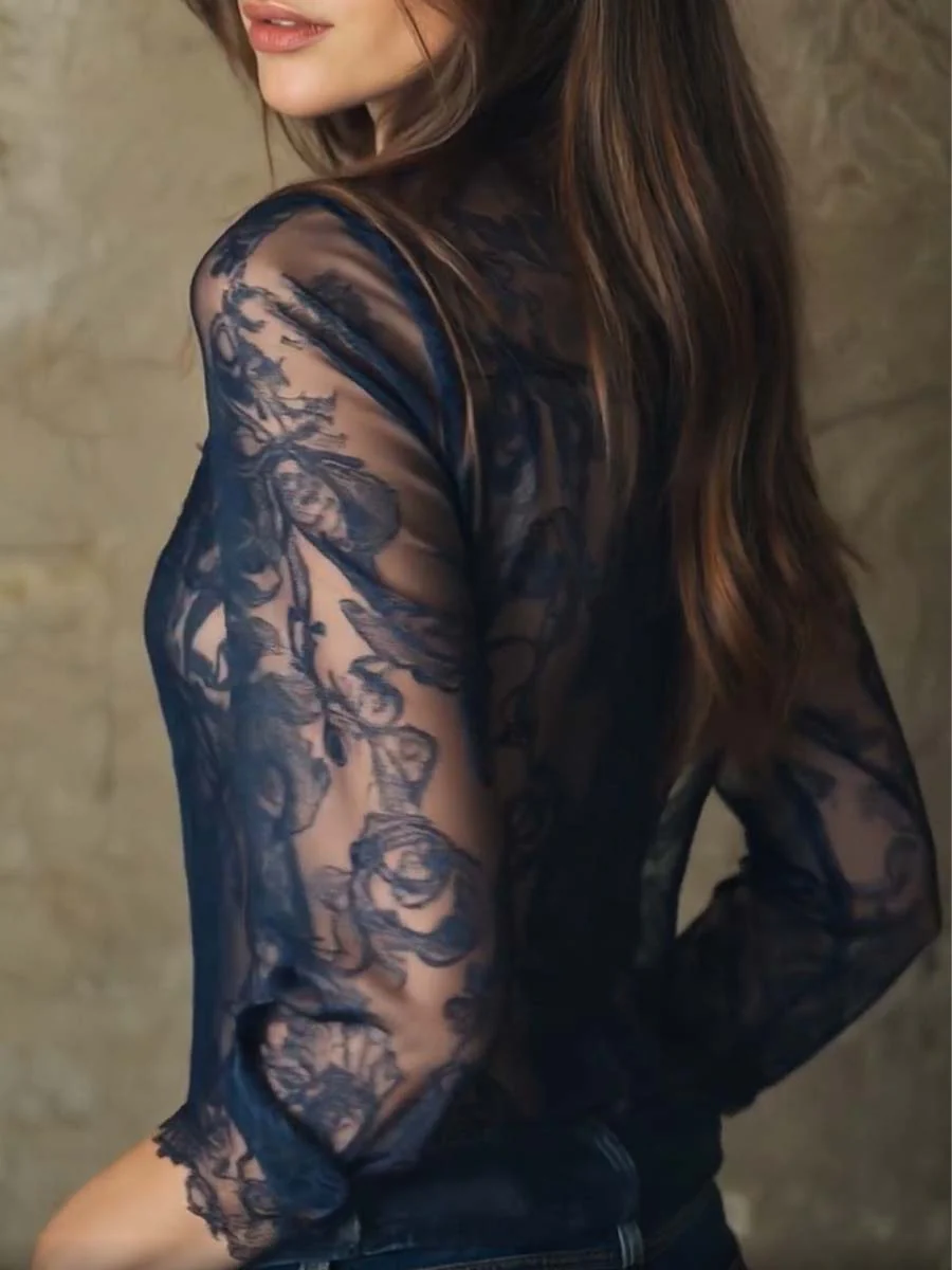 Romantic Paisley Print Lace Trim Sheer Shirt - Image 6