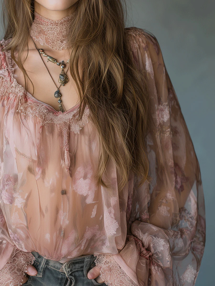 Romantic Pink Boho Sheer Floral Lace Blouse - Image 2